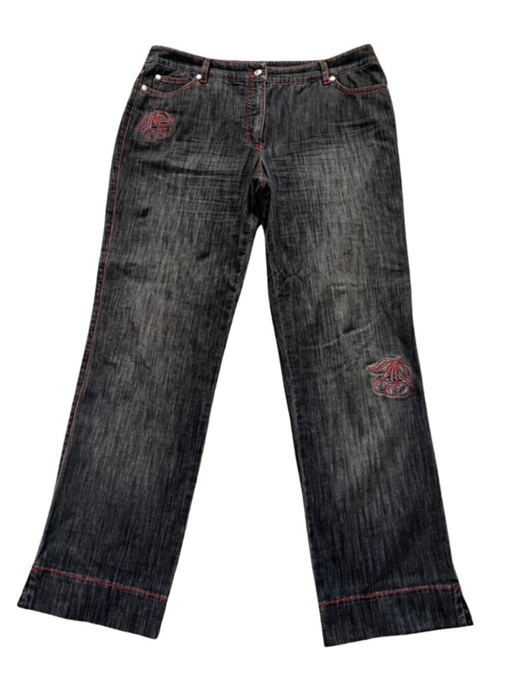 Escada Women’s Embroidered Cherry Black Denim Jeans Red Contrast Stitching Sz 40